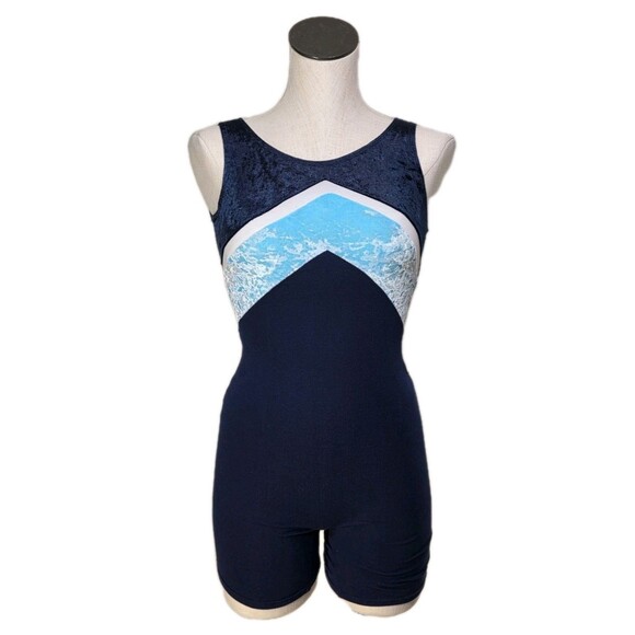Gilda Marx VTG 90s Cotton Velvet Biketard Unitard Dance Tricolor Blue XS (Y/J) - Picture 9 of 16